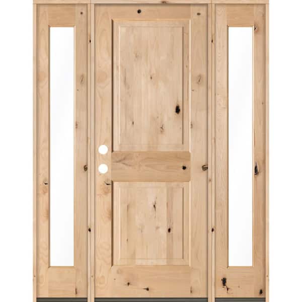 Krosswood Doors 58 in. x 80 in. Rustic Unfinished Knotty Alder Square-Top Wood Right-Hand Full Sidelites Clear Glass Prehung Front Door
