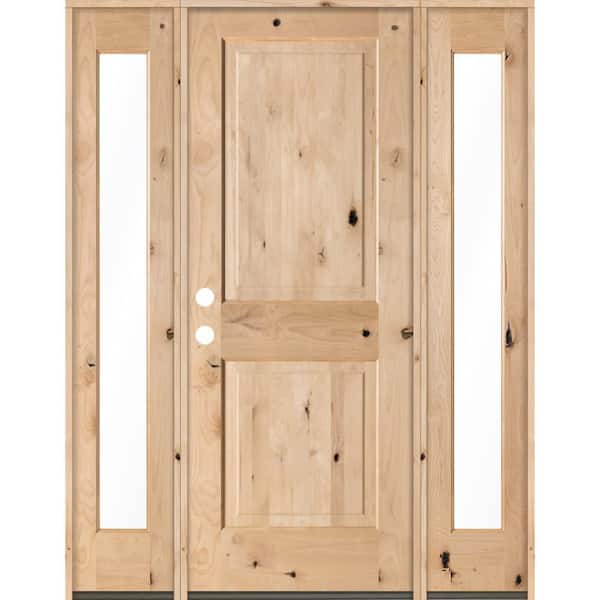 Krosswood Doors 60 in. x 80 in. Rustic Unfinished Knotty Alder Square-Top Wood Right-Hand Full Sidelites Clear Glass Prehung Front Door