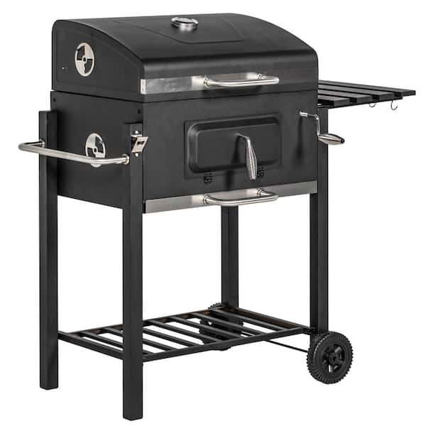 Outdoor Portable Charcoal BBQ Grill with Side Table, Bottom Storage Shelf, Wheels, Suit for Camping or Picnic