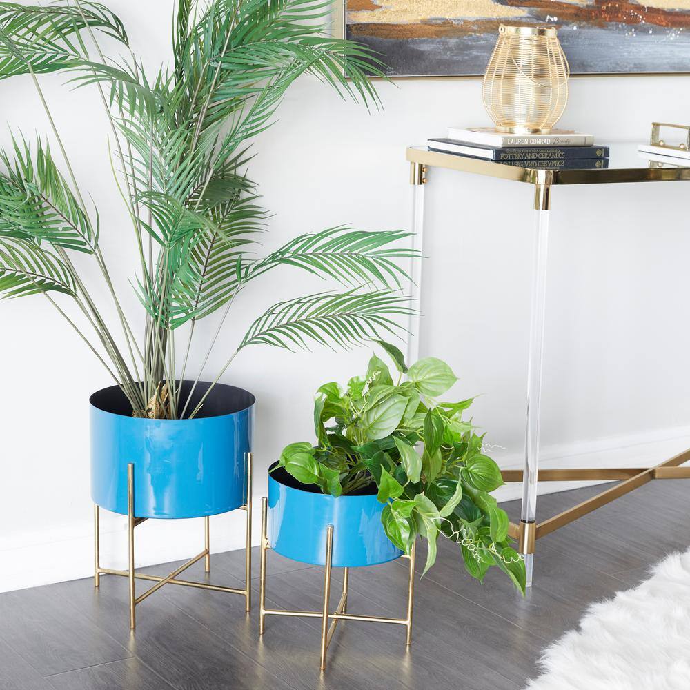 Modern Blue and Gold Metal Round Planters with Stand, Set of 2