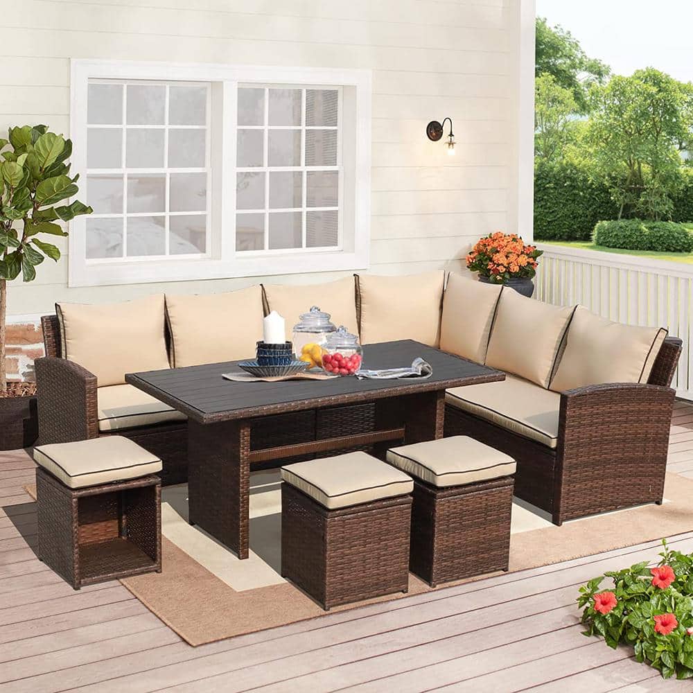 7-Piece Wicker Brown Outdoor Patio Conversation Set with Dining Table and O