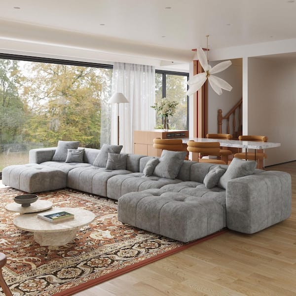 6-Piece Gray Linen 183.5 in. W Sectional Sofa Oversized Modular Free Combination Living Room Set with Ottoman