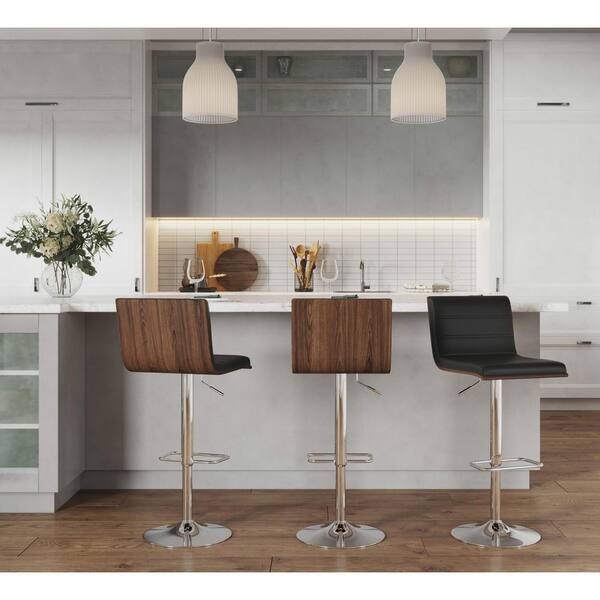 LumiSource Vasari 32 in. Black Faux Leather, Chrome Metal, and Walnut Wood Adjustable Barstool (Set of 3)