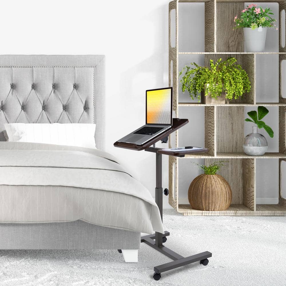 Walnut Adjustable Height Rolling Laptop Desk with Side Table