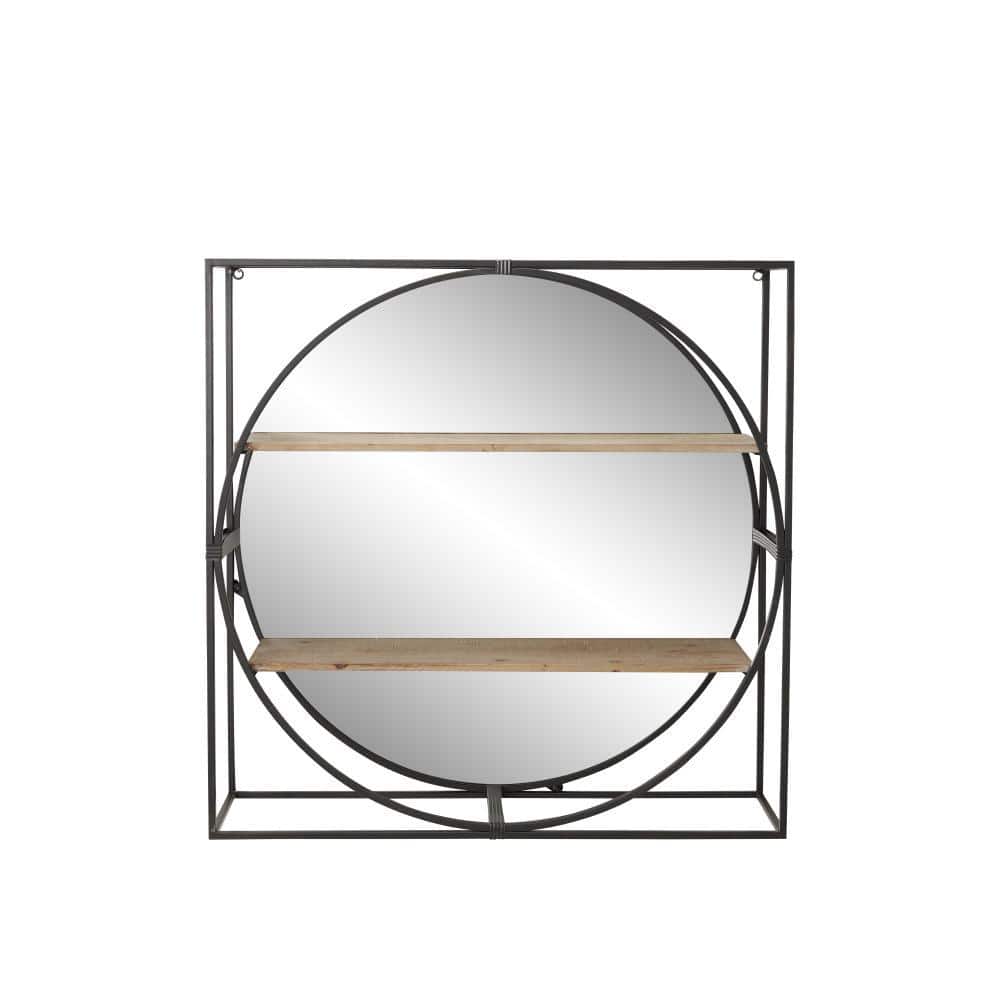 31" Black Industrial Metal & Wood Round Wall Mirror with Shelves