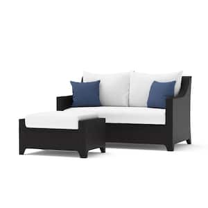 Deco Wicker Outdoor Loveseat with Ottoman and Sunbrella Bliss Ink Cushions