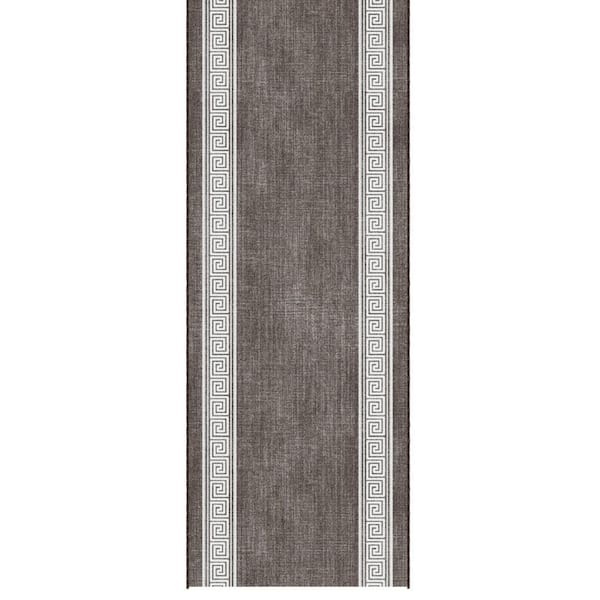 Ascend Non-Slip Rubberback Greek Border Brown 2 ft. x 29 ft. Indoor Custom Cut Extra Long Runner Rug