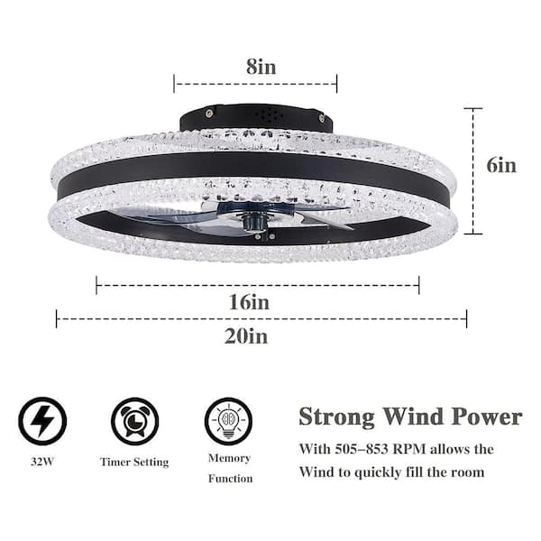 20 in. Elegant Indoor Black LED Ceiling Fan Light, Double Ring Flush Mount Dimmable Ceiling fan for Bedroom