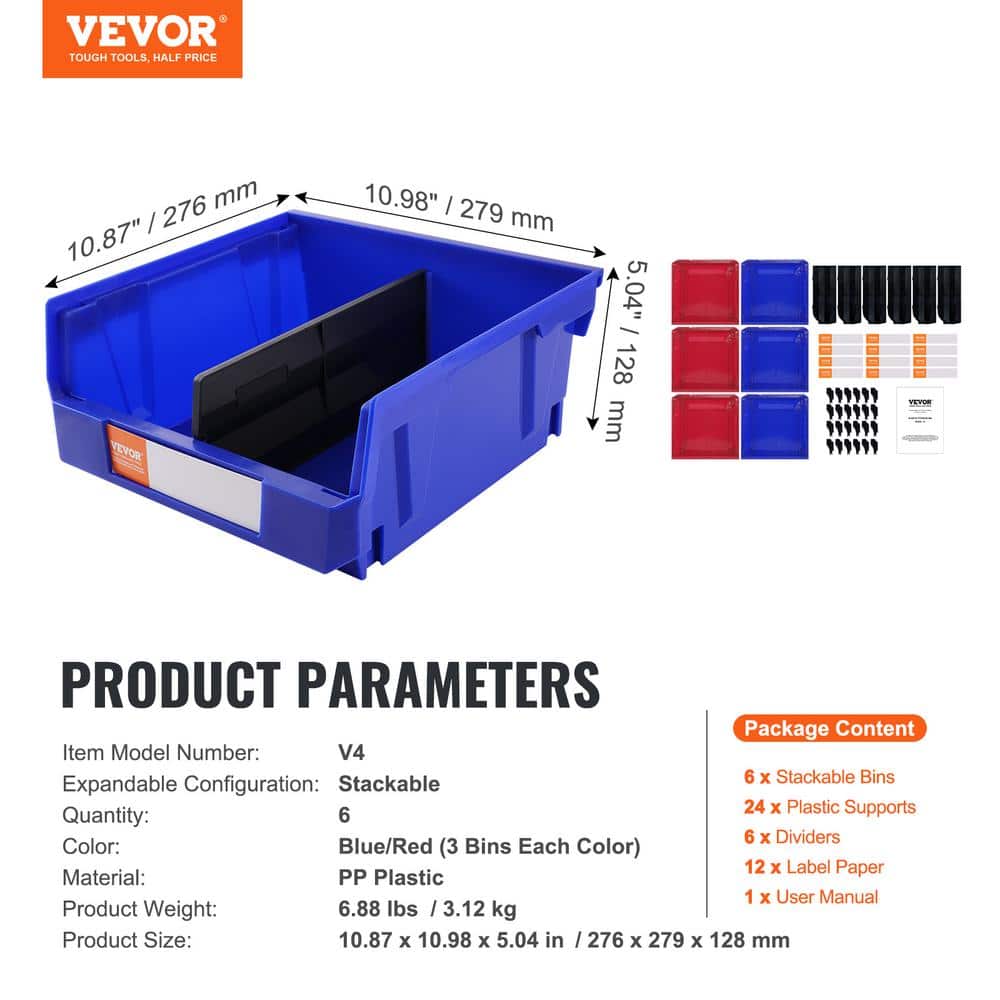 Stackable Blue and Red Plastic Storage Bins Set