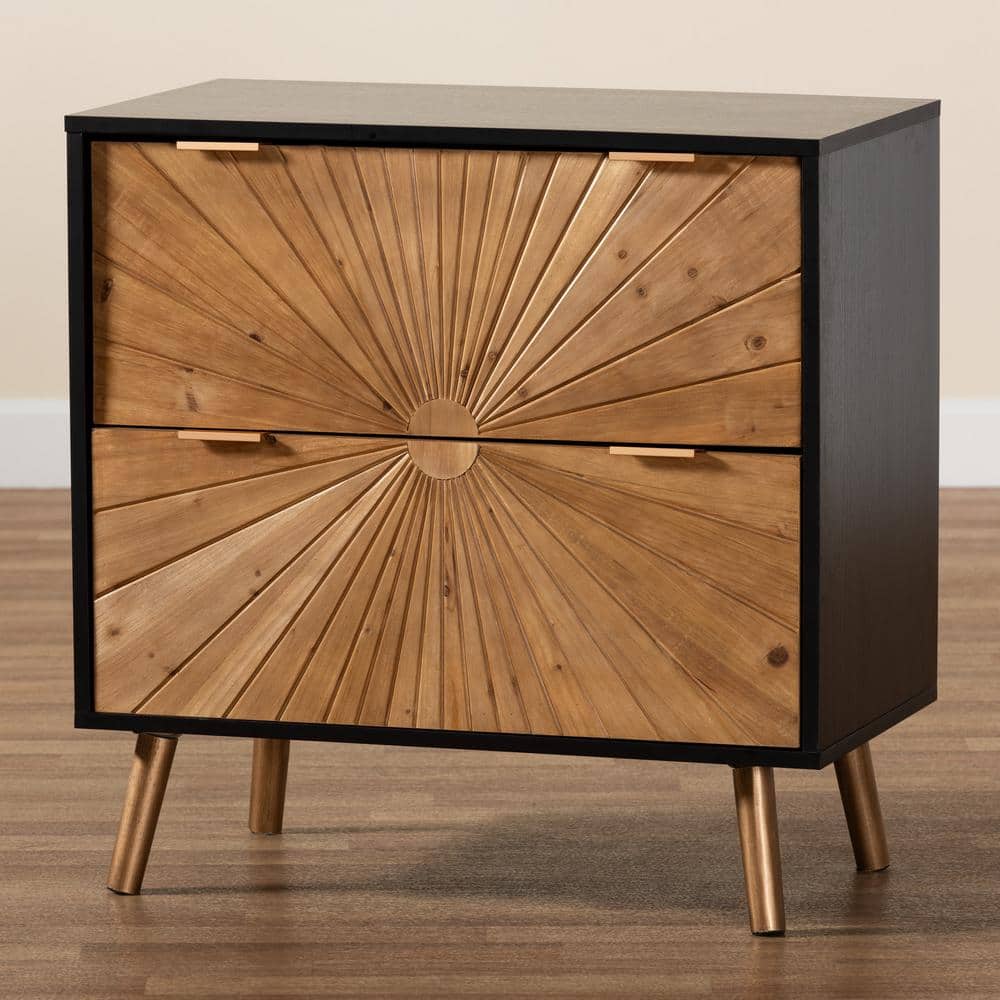 Mid-Century Two-Tone Black & Natural Brown Wood Storage Cabinet