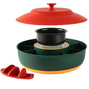 13 in. 30 fl. oz. Green Ceramic Taco Serving Bowl Set with 30 oz. Heated Pot, 4-Taco Holders and Detachable Lazy Susan