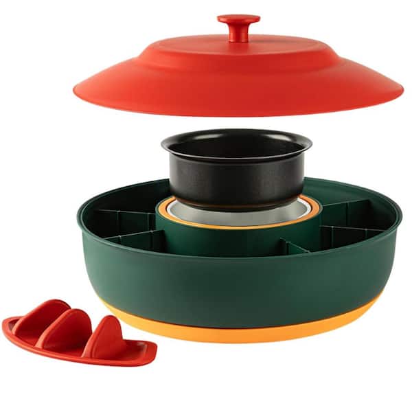 Aoibox 13 in. 30 fl. oz. Green Ceramic Taco Serving Bowl Set with 30 oz. Heated Pot, 4-Taco Holders and Detachable Lazy Susan