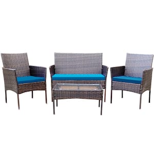 Alvino 4-Piece Wicker Outdoor Patio Rattan Bistro Furniture Set, Dark Blue Cushion