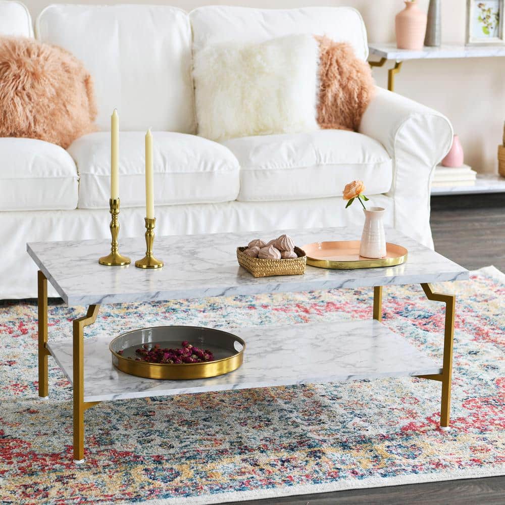 Crown Rectangular White Marble and Gold Metal Coffee Table with Storage Shelf