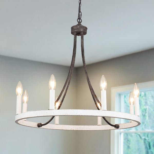 LWYTJO Loene 8-Light Antique Brown/White Farmhouse Candle Style Dimmable Wagon Wheel Chandelier for Living Room Kitchen Island