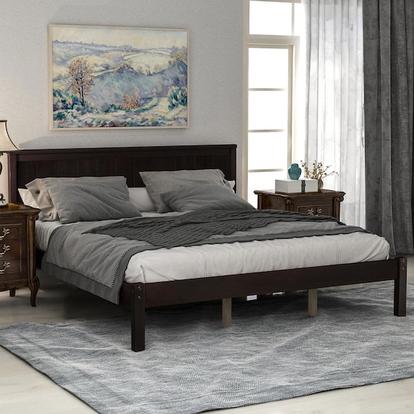 GOSALMON 80.7 in. W Espresso Queen Wood Frame Platform Bed