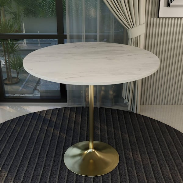 Verve 48 in. Bar Height Dining Table with White Marbleized Resin Top and Brushed Gold Steel Pedestal Base