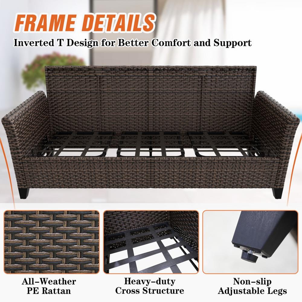 Outdoor Multi-Brown Wicker and Steel 3-Seat Sofa with Beige Cushions