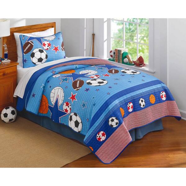 Unbranded Sports and Stars Blue Twin Quilt with Pillow Sham