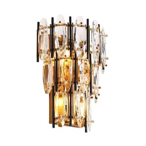 Noctiflorous 12.6 in. 3-Light Matte Black and Plating Brass Wall Sconce with Crystal Strips