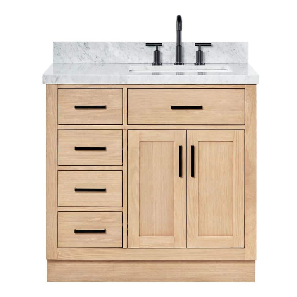 Oak Freestanding Single Vanity with Carrara Marble Top