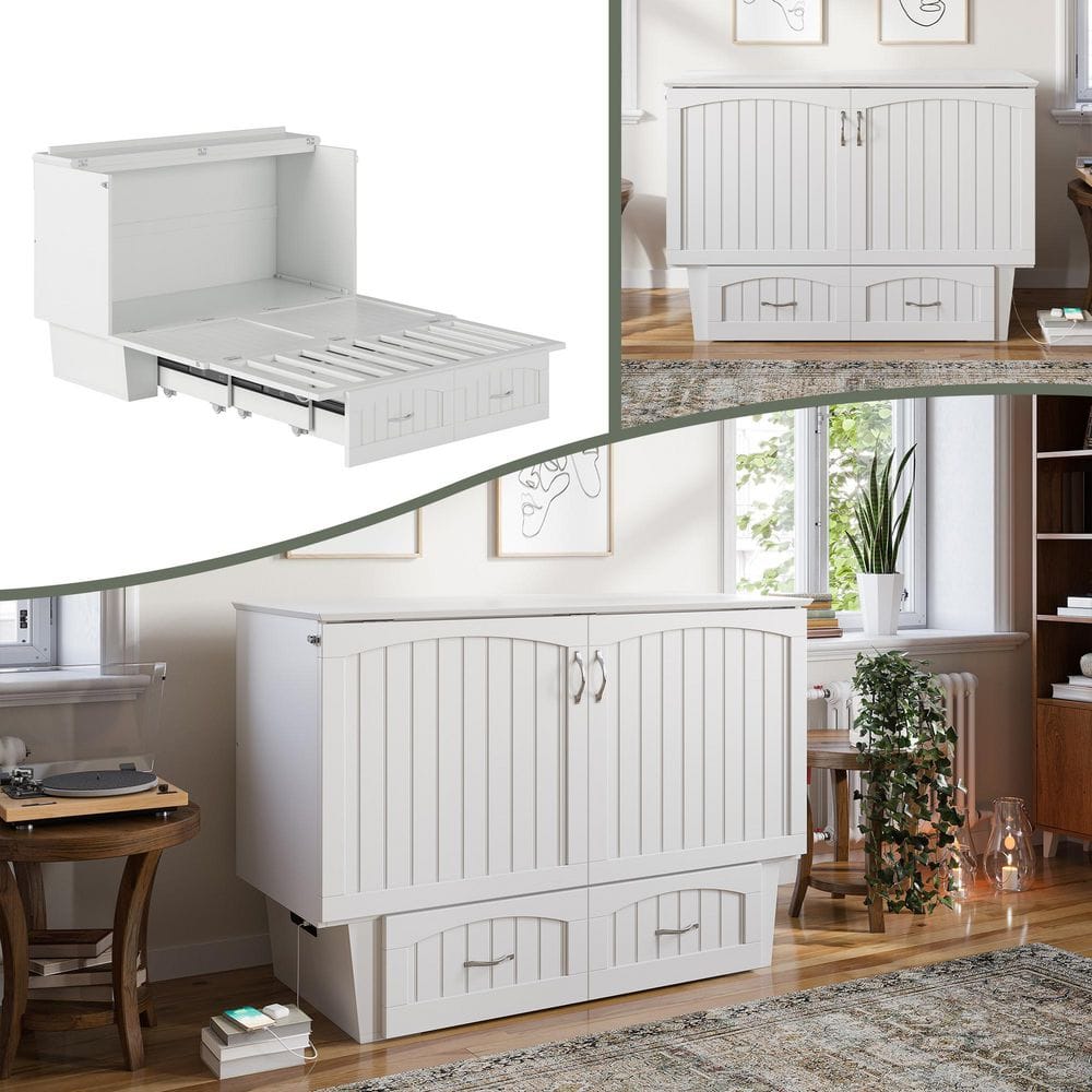 Marina White Full Murphy Bed Chest with Storage and Charger