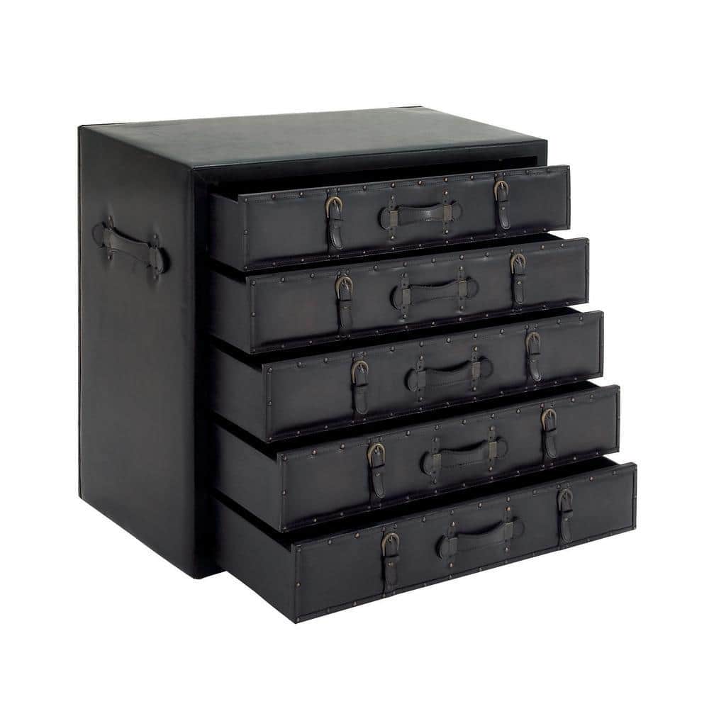 Black Wood Vintage Faux Leather Chest with Buckles and Straps