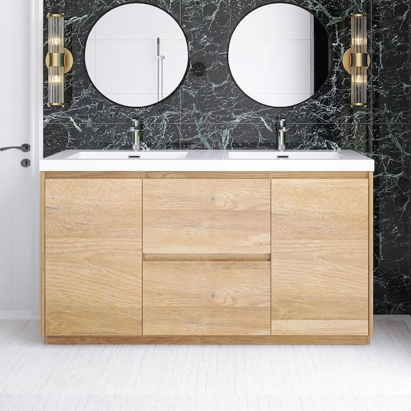 59.06 in. W x 19.69 in. D x 33.46 in. H Freestanding Bath Vanity in Natural Oak with White Resin Top