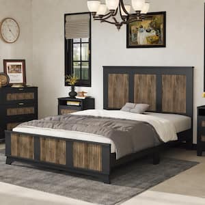 Farmhouse Black Wood Frame Queen Size Platform Bed with Wooden Strip Decoration, Extra Support Legs