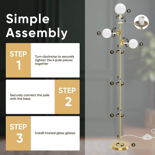 ROTTOGOON 65.7 in. Gold Modern Globe 3-Light Tree Floor Lamp with