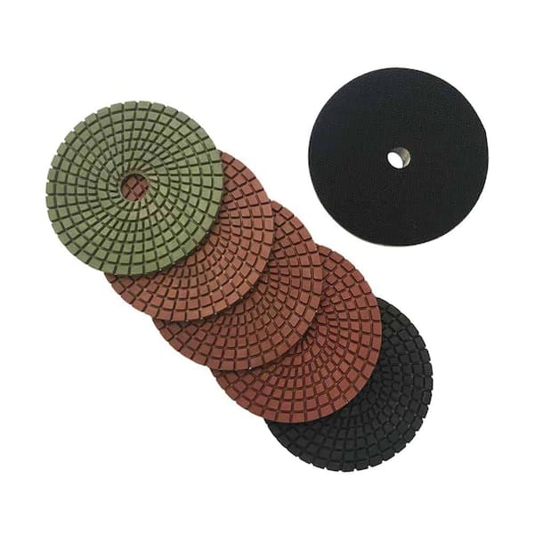EDiamondTools 4 in. Wet Diamond Polishing Pad Set for Granite Concrete w/Rubber Backer Dark Resin 50,100,200,400,800-Grit