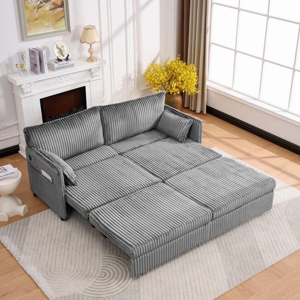 Noble House Vivian Modern 73 in. Grey Corduroy Convertible Pull-Out Sleeper Full Size Sofa Bed with USB Port, Storage Pockets