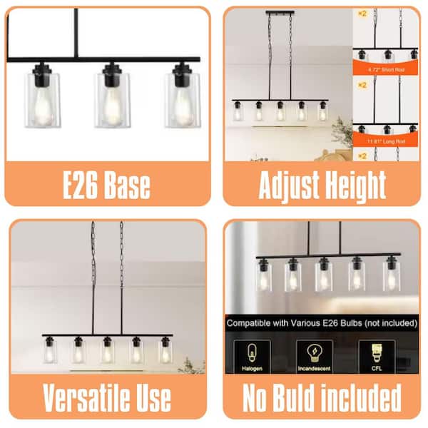 Natural 60-Watt 5-Light Black Iron Pendant Light with Clear Glass Shade and No Light Bulb Included
