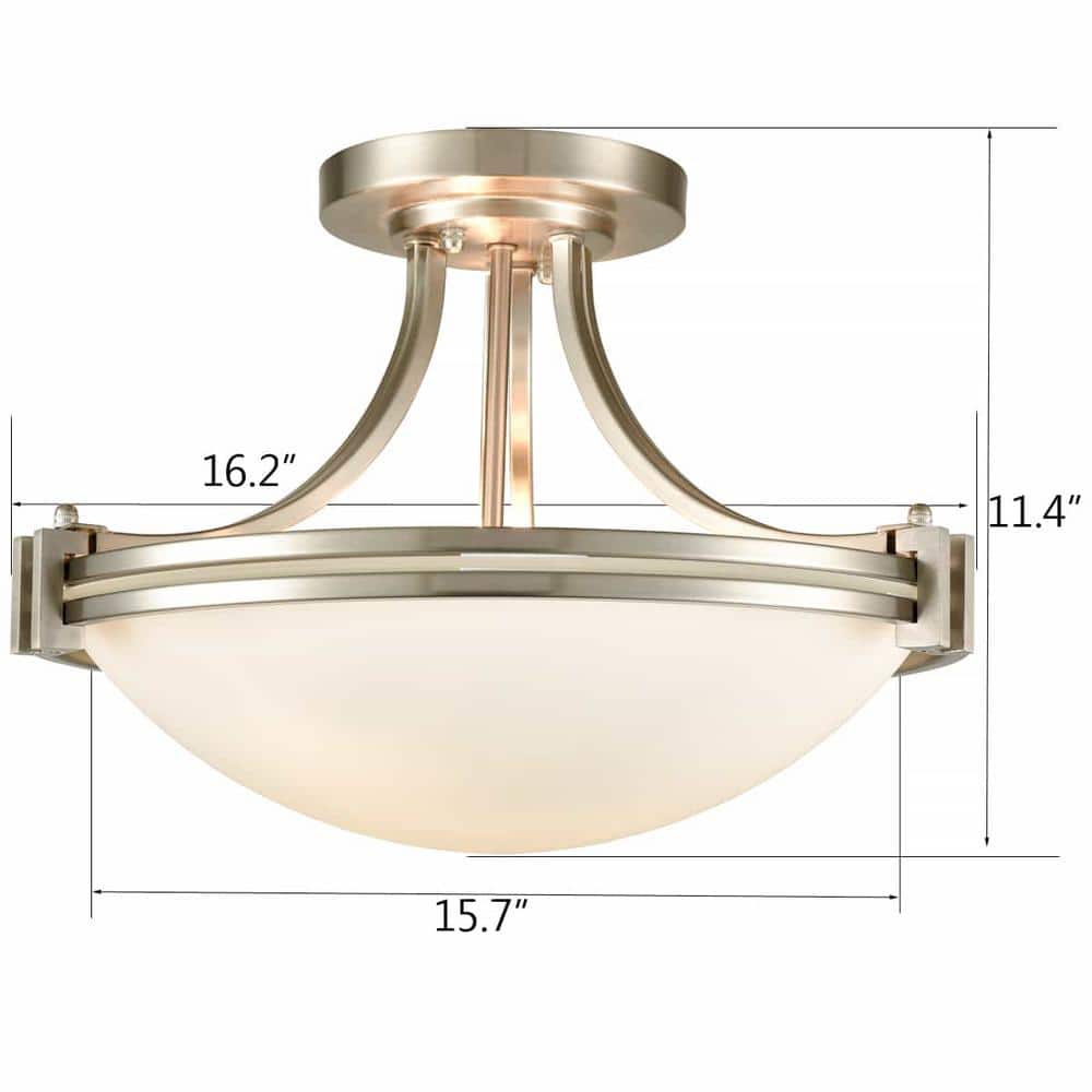 Brushed Nickel Semi Flush Mount Ceiling Light with White Glass Shade