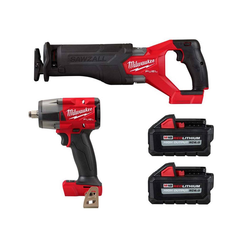 Milwaukee M18 FUEL GEN-2 18V Lithium-Ion Brushless Cordless SAWZALL Reciprocating Saw w/M18 1/2 in. Impact Wrench & (2) Batteries