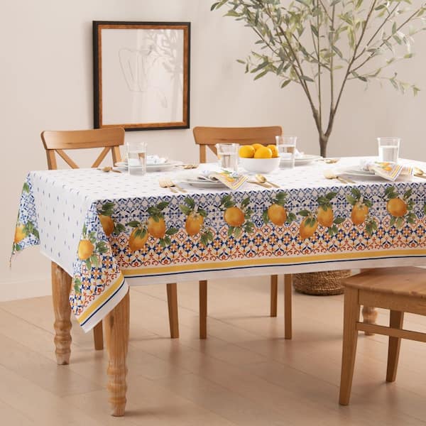 Capri Lemon Double Border Tablecloth, Multicolor - 60"W x 102"L