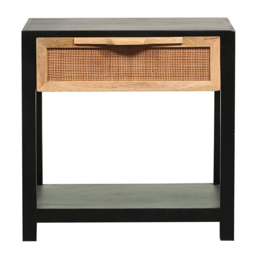 Tia 22 Inch Black Pine Wood Side Table with Rattan Drawer