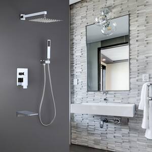 2-Spray 12 in. Square Rain Shower Head with Hand Shower and Waterfall Tub Faucet in Chrome (Valve Included)