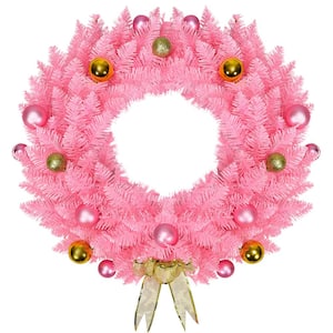 24 in. Pink Artificial Christmas Wreath with Golden Bow Decoration Balls