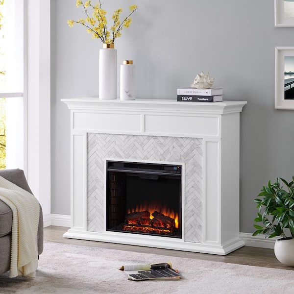 Doris Marble Tiled 50 in. Electric Fireplace in White and Gray