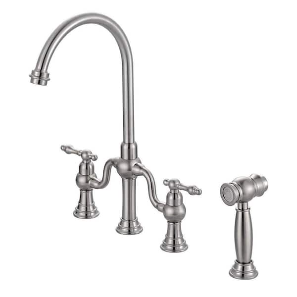 8 in. Centerset 4 Hole Double Handle Brass Bridge Kitchen Faucet with Side Sprayer in Brushed Nickel