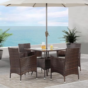 5-Piece PE Rattan Wicker Outdoor Dining Set with Beige Cushions and Umbrella Hole