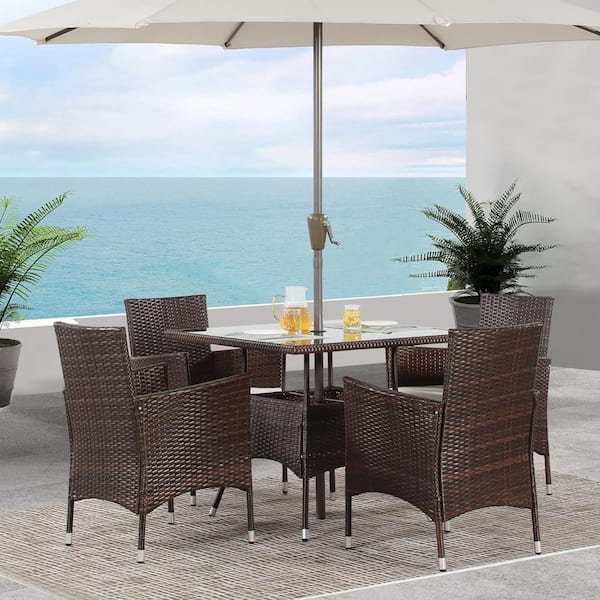 AUTMOON 5-Piece PE Rattan Wicker Outdoor Dining Set with Beige Cushions and Umbrella Hole
