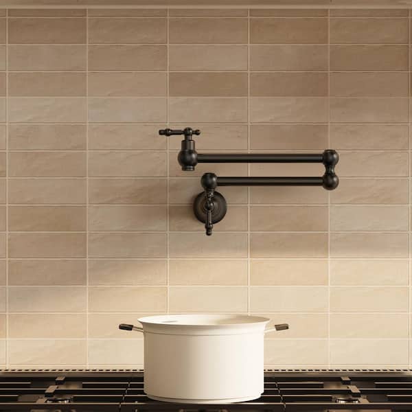 24 in. Extended Reach Wall Mount Pot Filler Kitchen Faucet 2-Handle with Dual Swivel Arms in Matte Black