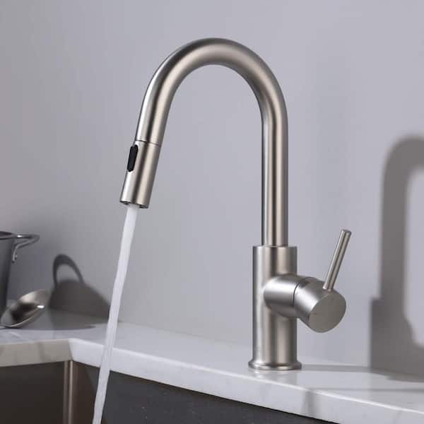 Circular Single Handle Pull Down Kitchen and Bar Sink Faucet with Soap Dispenser-Brushed Nickel