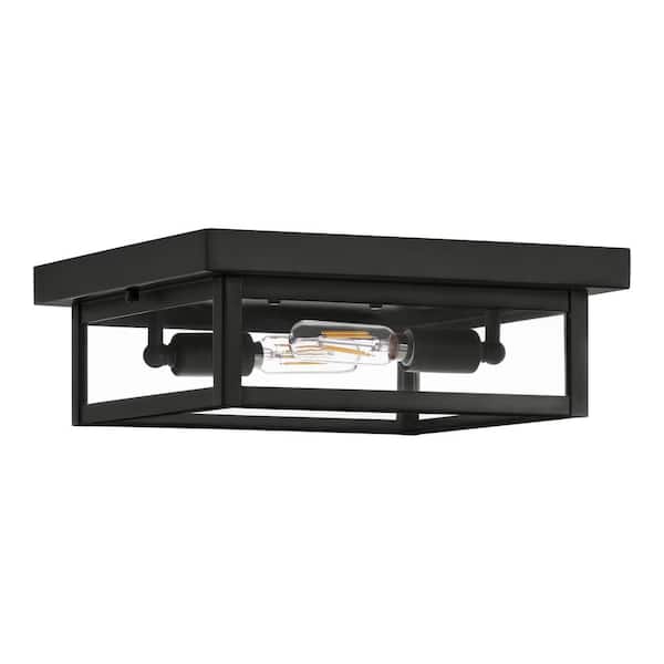 Hampton Bay Porter Hills 2-Light Matte Black Outdoor Ceiling Light Flush Mount Light with Clear Glass, No Bulbs Included