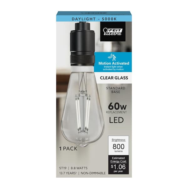 Feit Electric 60-Watt Equivalent ST19 Straight Filament Clear Glass Motion Activated E26 Edison Vintage LED Light Bulb Daylight 5000K