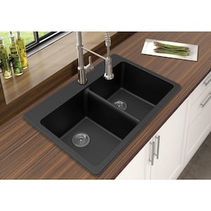 Dual Mount Granite Composite 33 in. L x 22 in. L x 9.5 in. 0-5 Faucet Holes Double Equal Bowl Kitchen Sink in Black