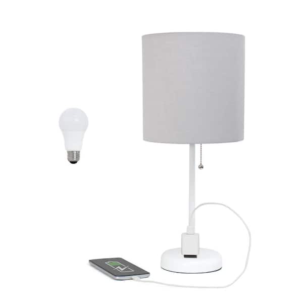 Creekwood home 19.5 in. Contemporary Bedside Power Outlet Base Standard Metal Table Desk Lamp in White, Gray Shade, with LED Bulb