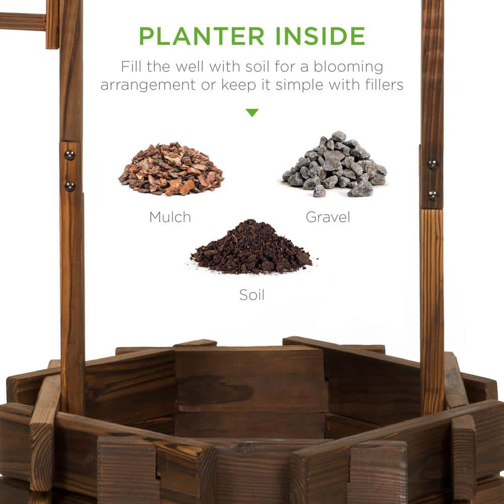 Rustic Fir Wood Wishing Well Planter with Hanging Bucket